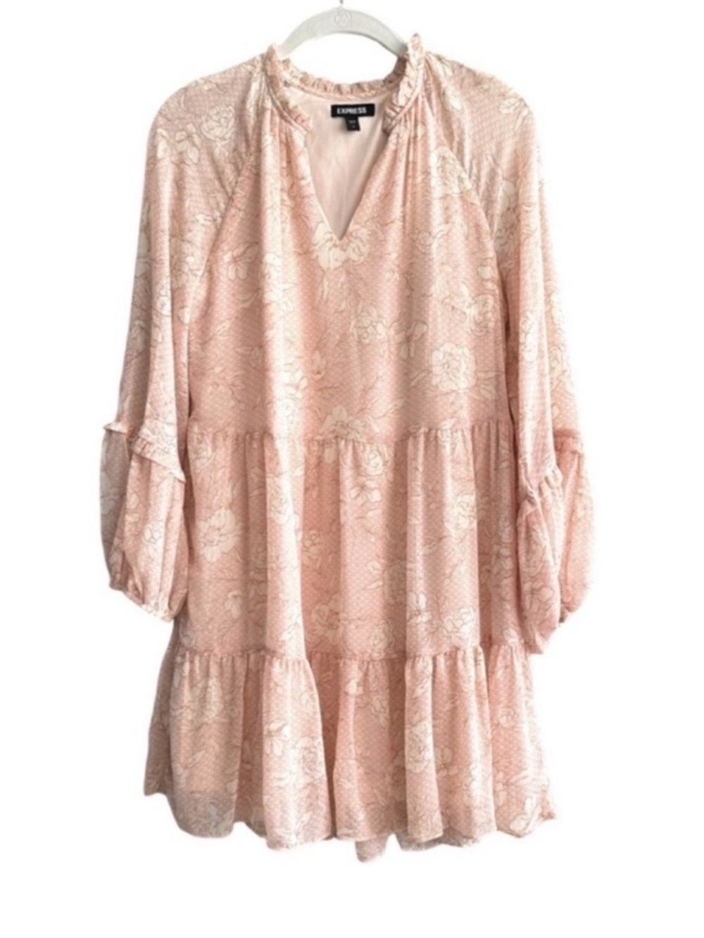 Express Peasant Sleeve Dress Tiered Boho Shift Pale Peach Pink Cream Size S